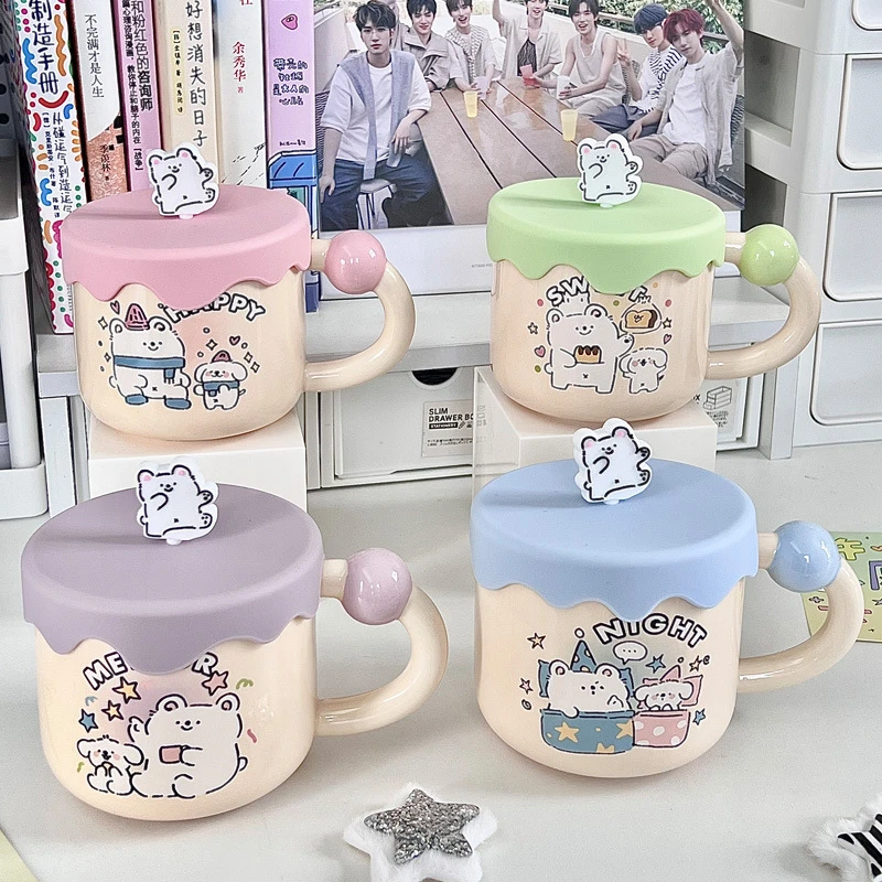 可爱线条小狗马克杯情侣家用水杯女生高颜值陶瓷杯带盖勺生日礼物