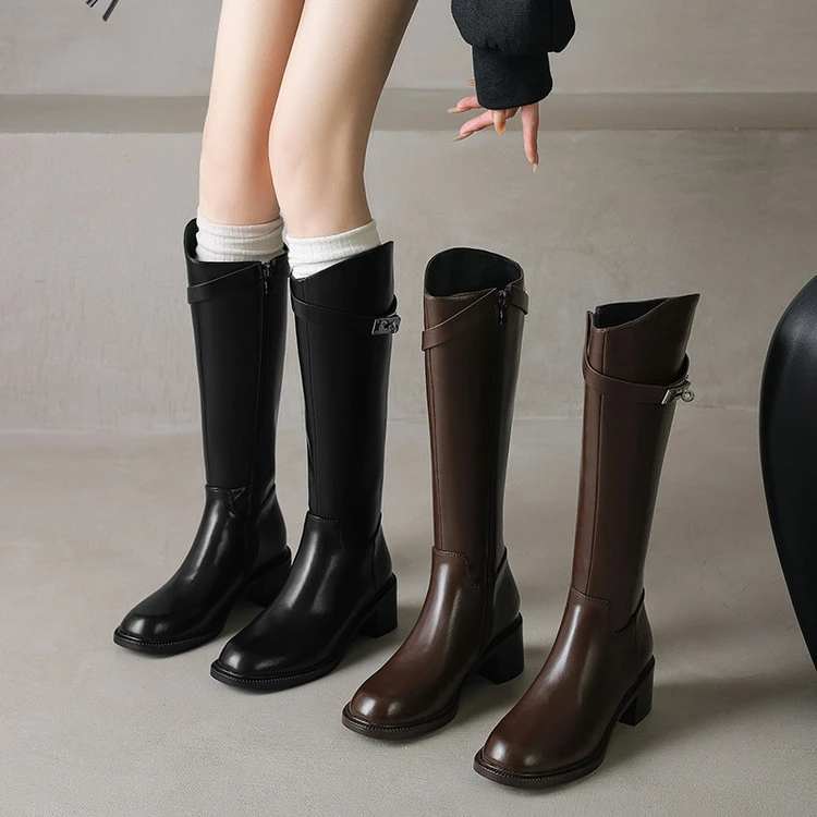 牛皮~5.5cm复古银扣高筒靴女中跟粗跟时尚圆头侧拉链鞋口骑士靴女