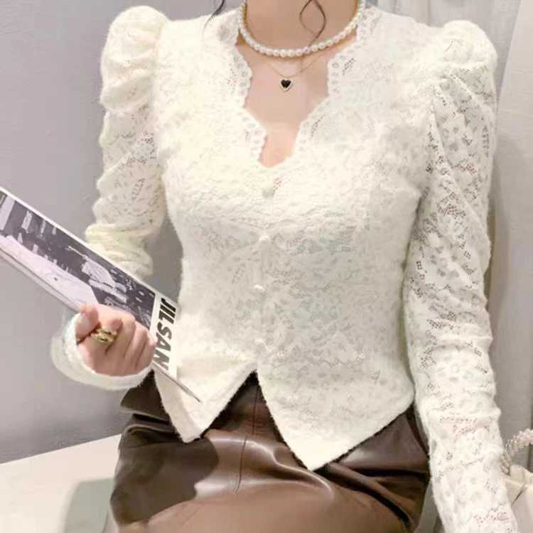 衣念染染❤️时尚显瘦雪尼尔水貂绒蕾丝秋冬新款泡泡袖打底可外穿