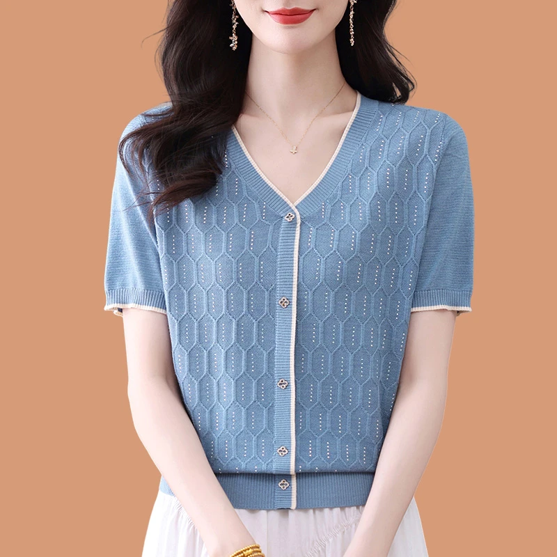 品牌洋气女款短袖2025新款妈妈夏装v领百搭小冰丝针织衫t恤上衣薄