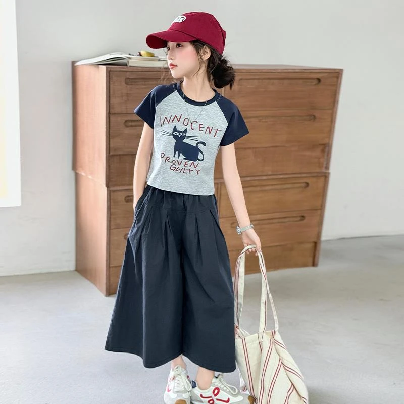 MK&UR.BV女童夏装短袖套装2025新款女大童夏季韩系恤儿童阔腿裙裤