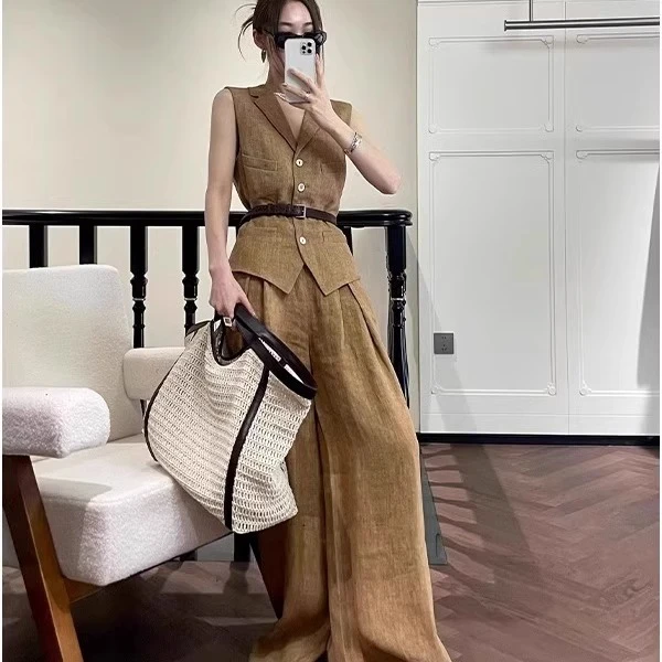 老钱风轻奢亚麻气质套装女夏季2025御姐时尚马甲阔腿裤穿搭一整套