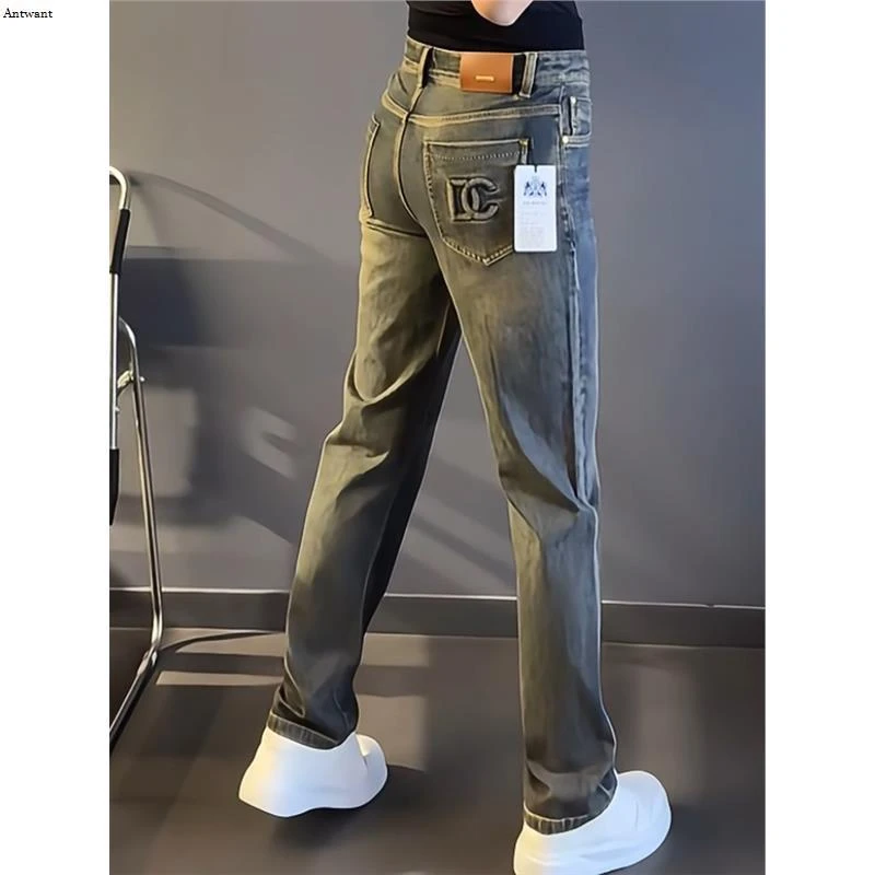 高档高街风男装直筒时尚微阔秋冬男士新款直筒大码潮流美式牛仔裤