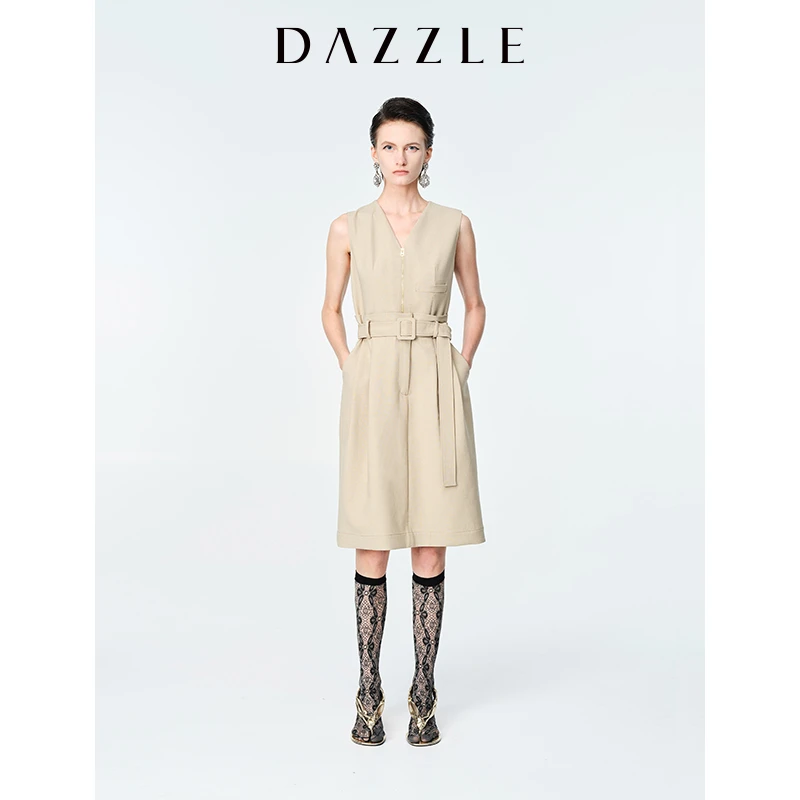 DAZZLE地素 夏装新款V领直筒无袖背心连衣裙女2E2O