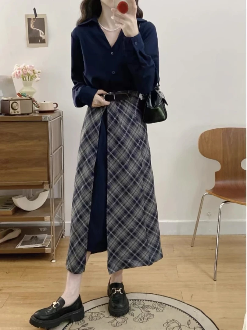 大码复古假两件长袖连衣裙女秋季高级感衬衫裙胖MM遮肚显瘦长裙子