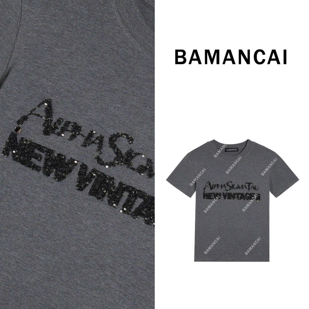 Bamancai-春夏新款重工珠片字母宽松短袖T恤上衣潮女