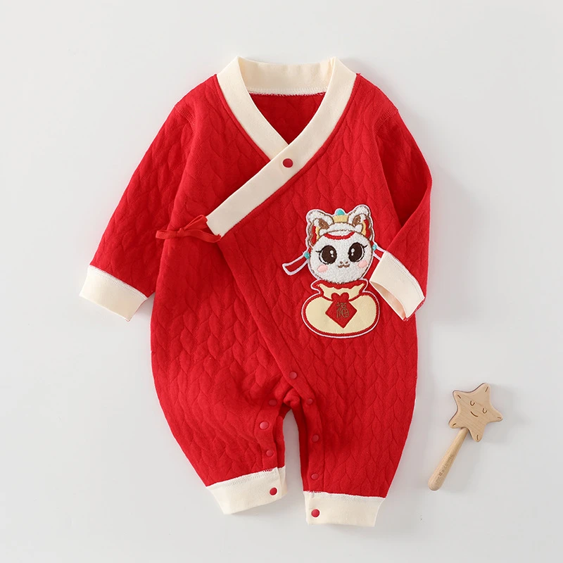 婴儿保暖连体衣春秋冬夹棉和尚服蛇年宝宝红色拜年服满月百天衣服