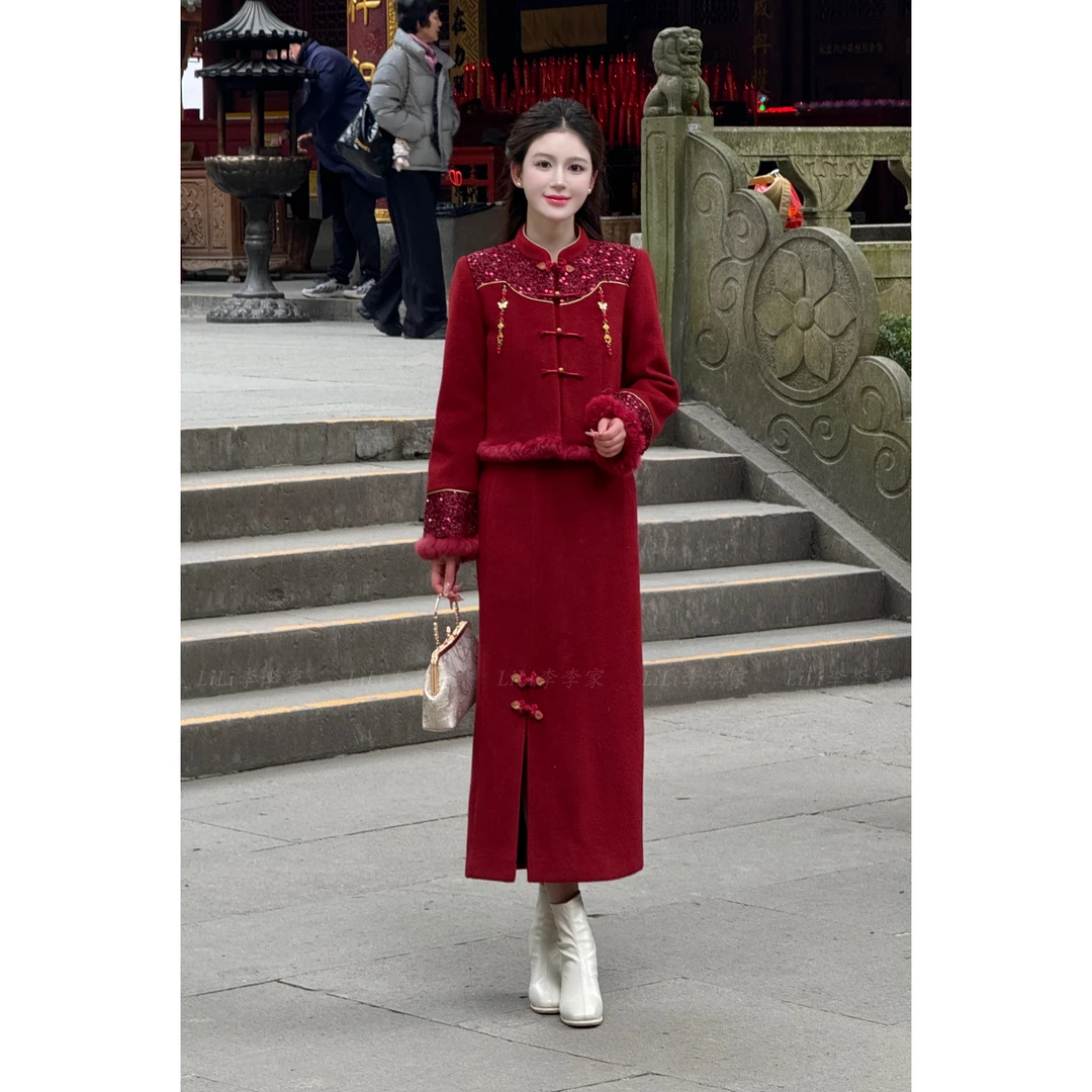 【红鸾心动】LiLi新中式盘扣亮片拼接羽绒服+半裙XMZH5479