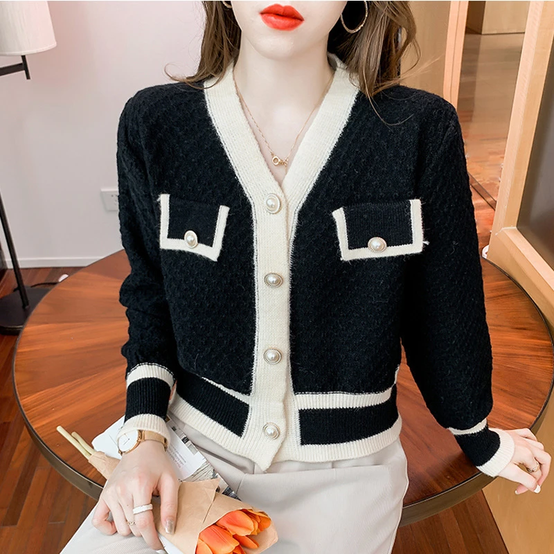 洋气时尚复古百搭撞色春秋秋冬上衣开衫小香风毛衣针织衫女装爆款