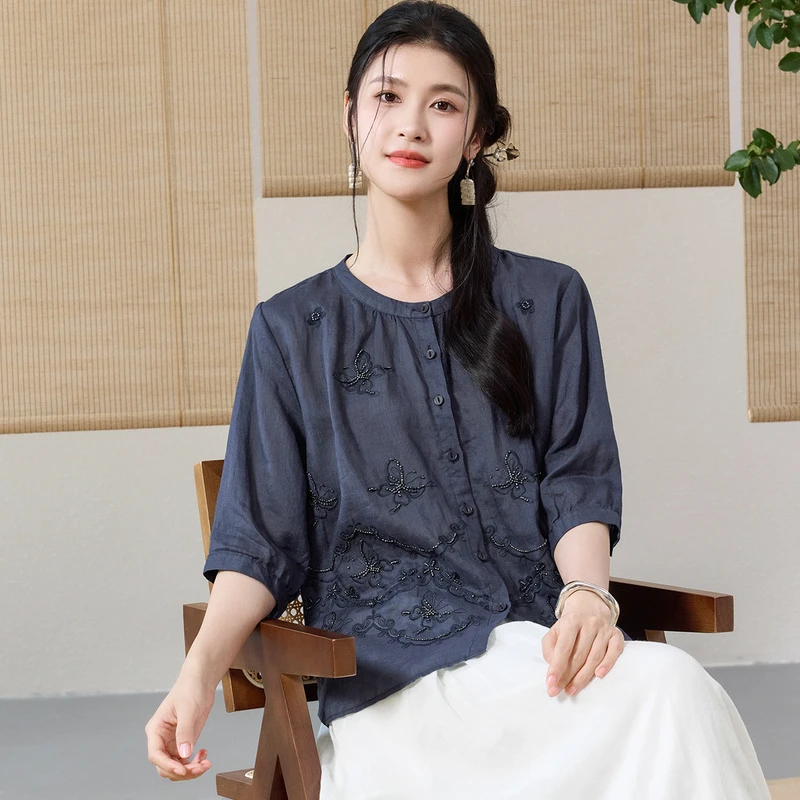 【100%苎麻】单排扣蝴蝶亮片刺绣春秋苎麻衫25年新款T恤女W8532939