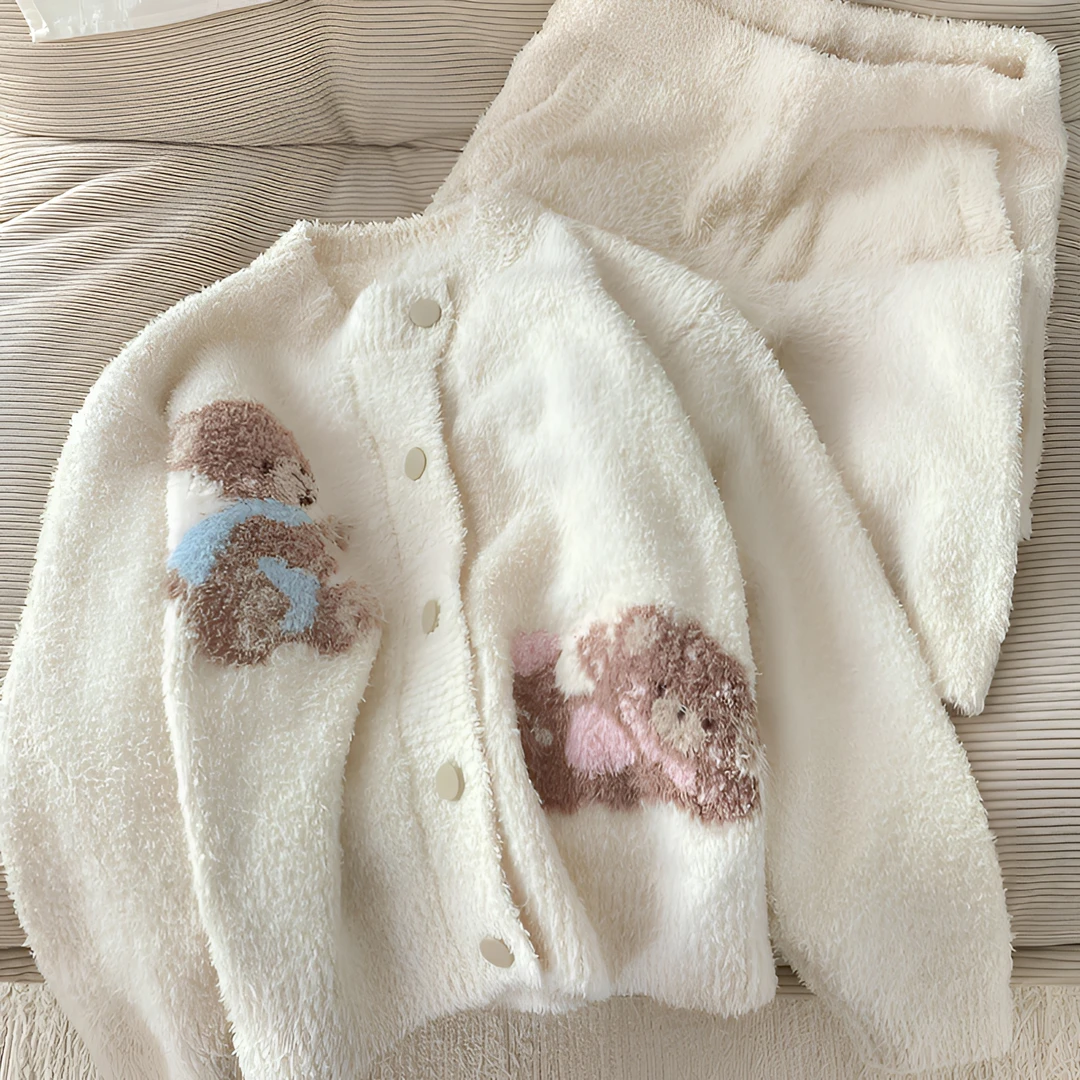 小熊印花圆领可爱半边绒睡衣冬季女加厚针织休闲家居服套装女外穿