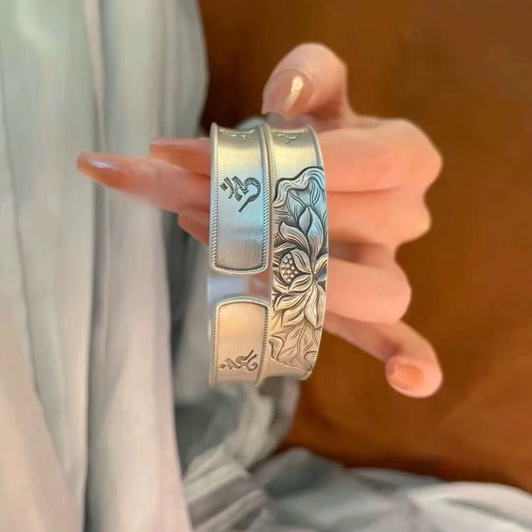 足银手镯 马蹄古法重工莲花六字真言手镯浮雕莲花实心开口感手环