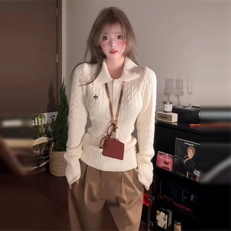 白色polo领套头麻花毛衣女内搭打底衫2025新款修身针织上衣