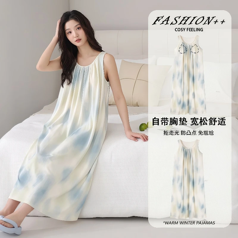睡裙女款夏季带胸垫2025新款云朵棉无袖背心甜美网红风家居服睡衣