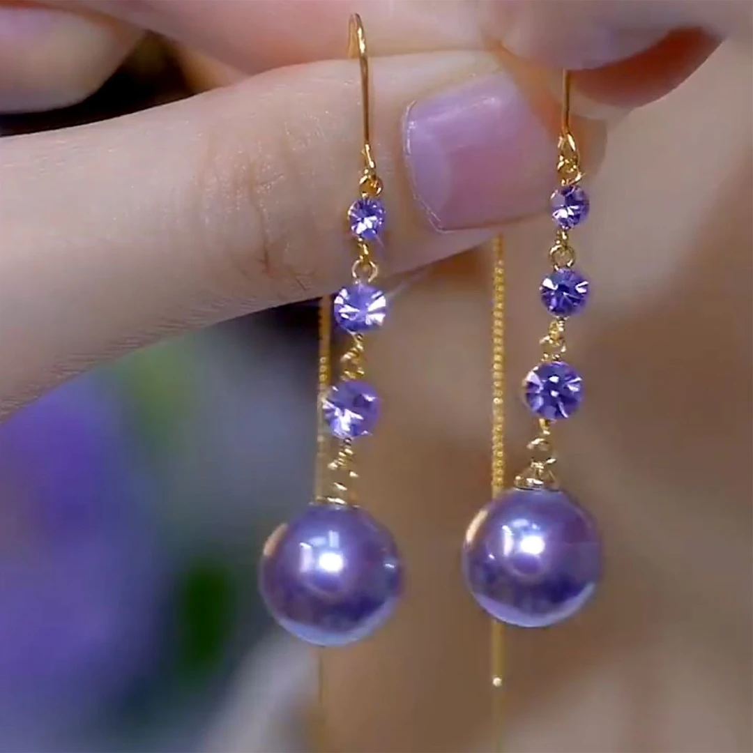 合金耳饰 氛围百搭气质紫色珠珠流行耳线新款显白高级感长款耳饰