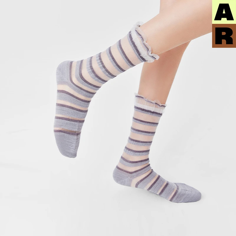 AR渐变条条卡丝袜透明水晶玻璃丝袜轻薄透气中筒袜女袜子防勾