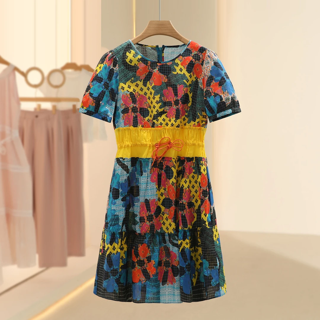 【Tan】纯棉收腰撞色古典水墨风连衣裙2025夏季新款七号铺撤柜女