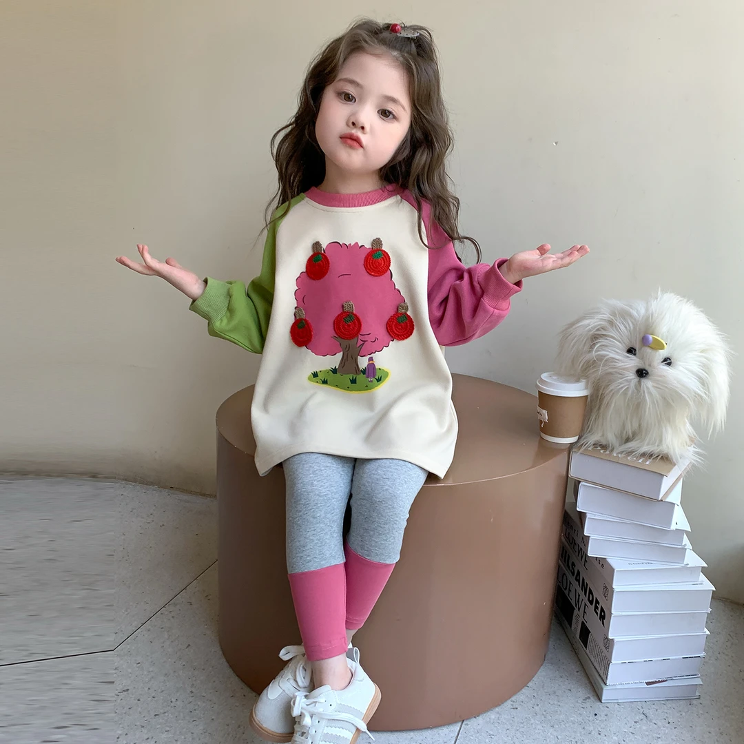女童苹果树卫衣春秋季2025新款女宝宝韩版秋款套装儿童休闲两件套