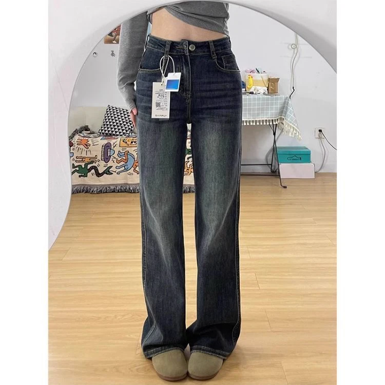 021早秋高腰窄版直筒牛仔裤女胖mm宽松遮胯显瘦长裤