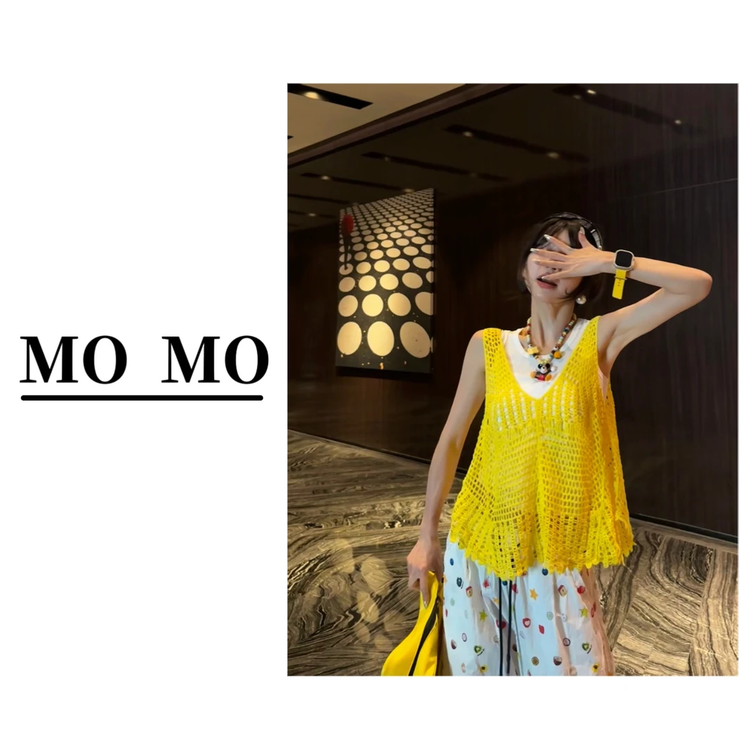 MOMO【盛夏】 2025新款镂空针织背心吊带无袖短款宽松上衣两件套女