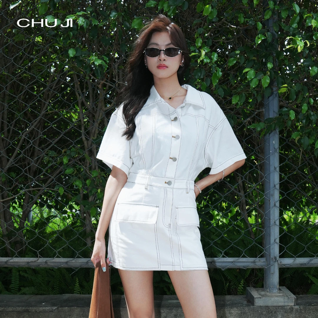 Chuji出迹 艺术旅途 落肩袖翻领牛仔连衣裙女2025夏短裙-E1N2495L