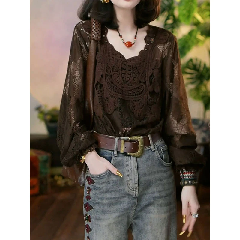 气质优雅贵夫人蕾丝镂空长袖衬衫女2025春季新款洋气减龄显瘦衬衣