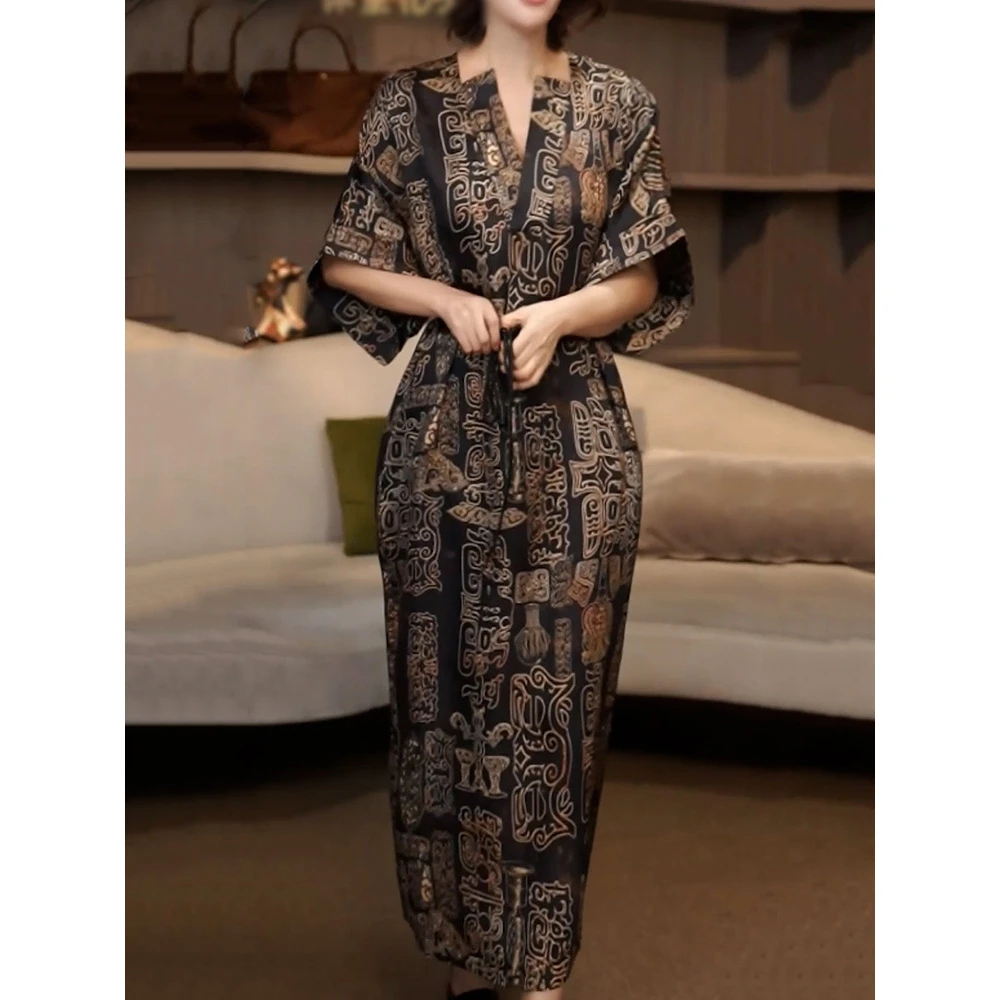 夏季新款优雅贵夫人绑带收腰长裙时髦洋气韩系显瘦V领连衣裙8284