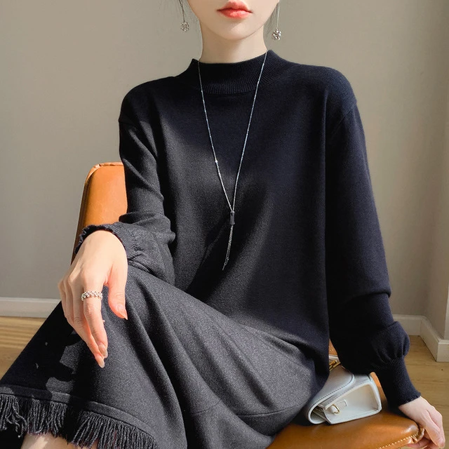 2025半高领毛衣裙过膝针织连衣裙羊毛长裙春秋配大衣内搭打底裙子