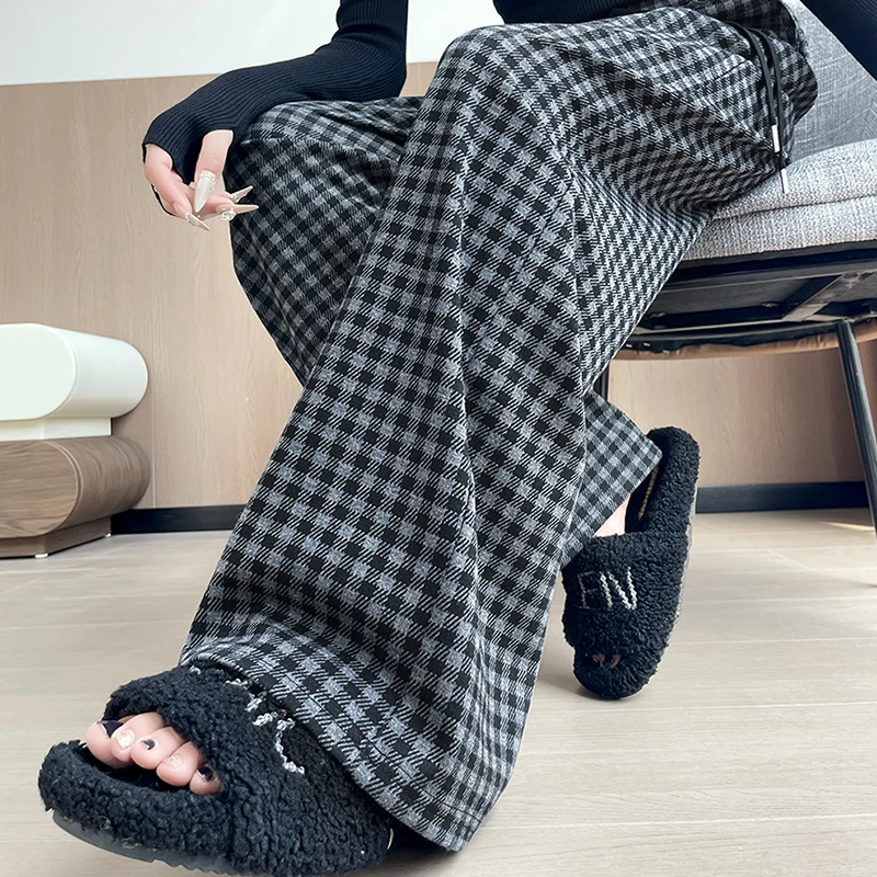 格子阔腿裤女高腰春秋季休闲加绒加厚冬季窄版运动直筒毛呢裤子女
