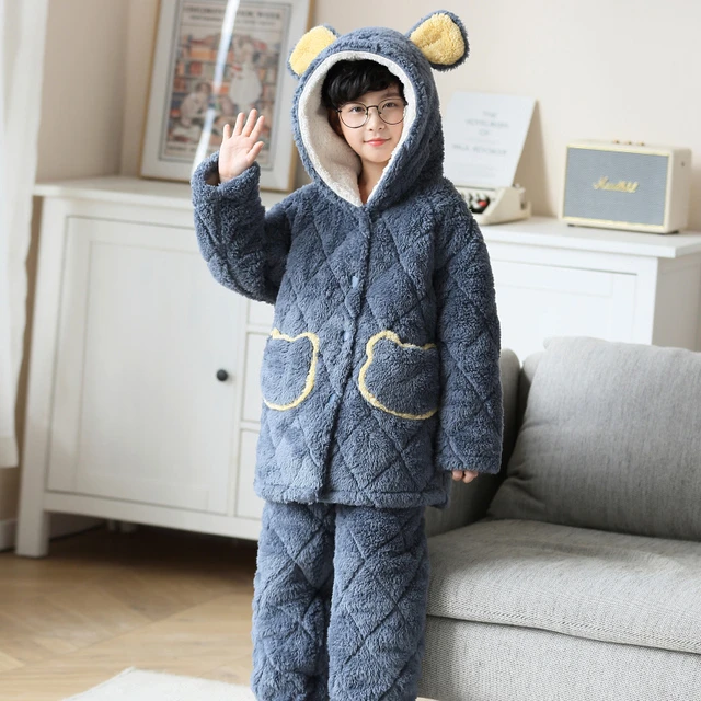 2025冬季男童儿童睡衣法兰绒中长款三层夹棉加厚男孩中大童家居服