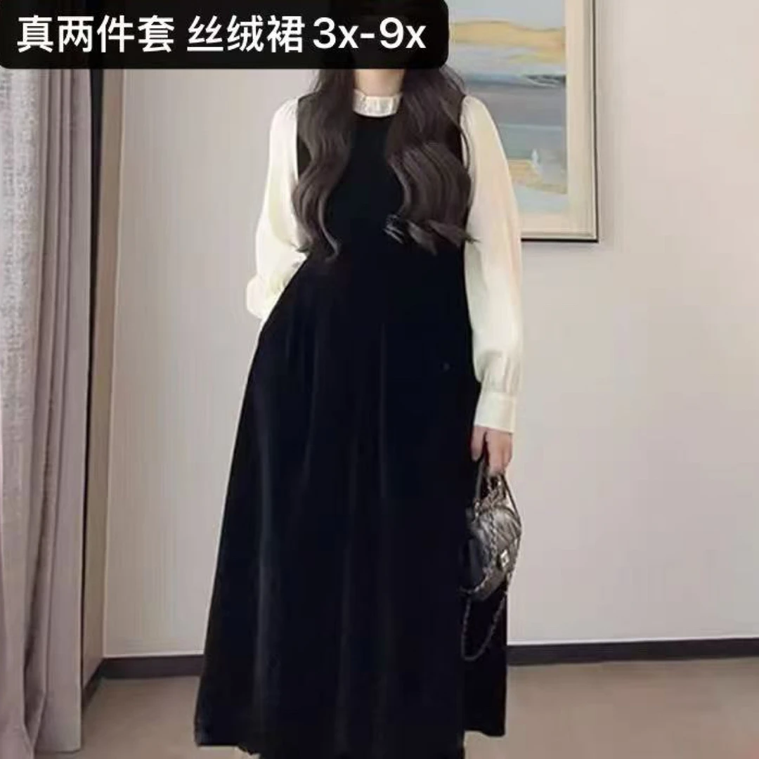 W阿薇-特大码真两件丝绒裙高端场合裙
