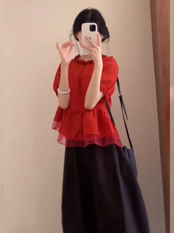 温柔独特超好看气质时尚两件套2025夏季新款短袖上衣花苞半裙女装