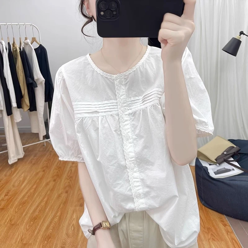 1148韩系纯棉蕾丝拼接灯笼袖短袖衬衫女减龄上衣2025新款百搭衬衣