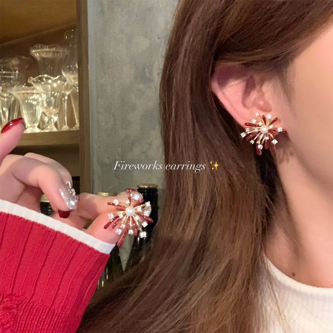 铜合金耳饰 复古红色闪锆珍珠烟火耳环女秋冬高级感耳钉新年耳饰