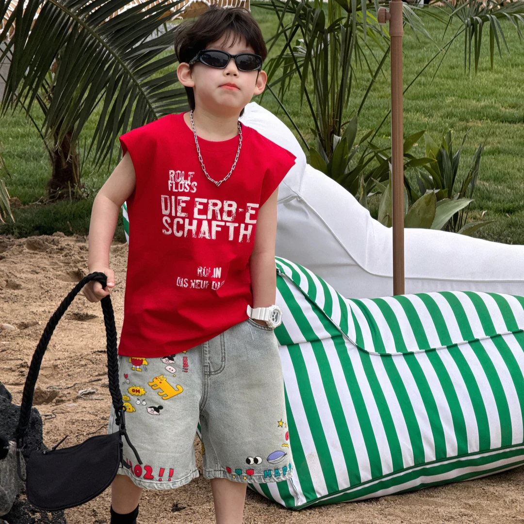 2025夏季新款韩版男童百搭纯色美式字母坎肩T恤儿童上衣潮