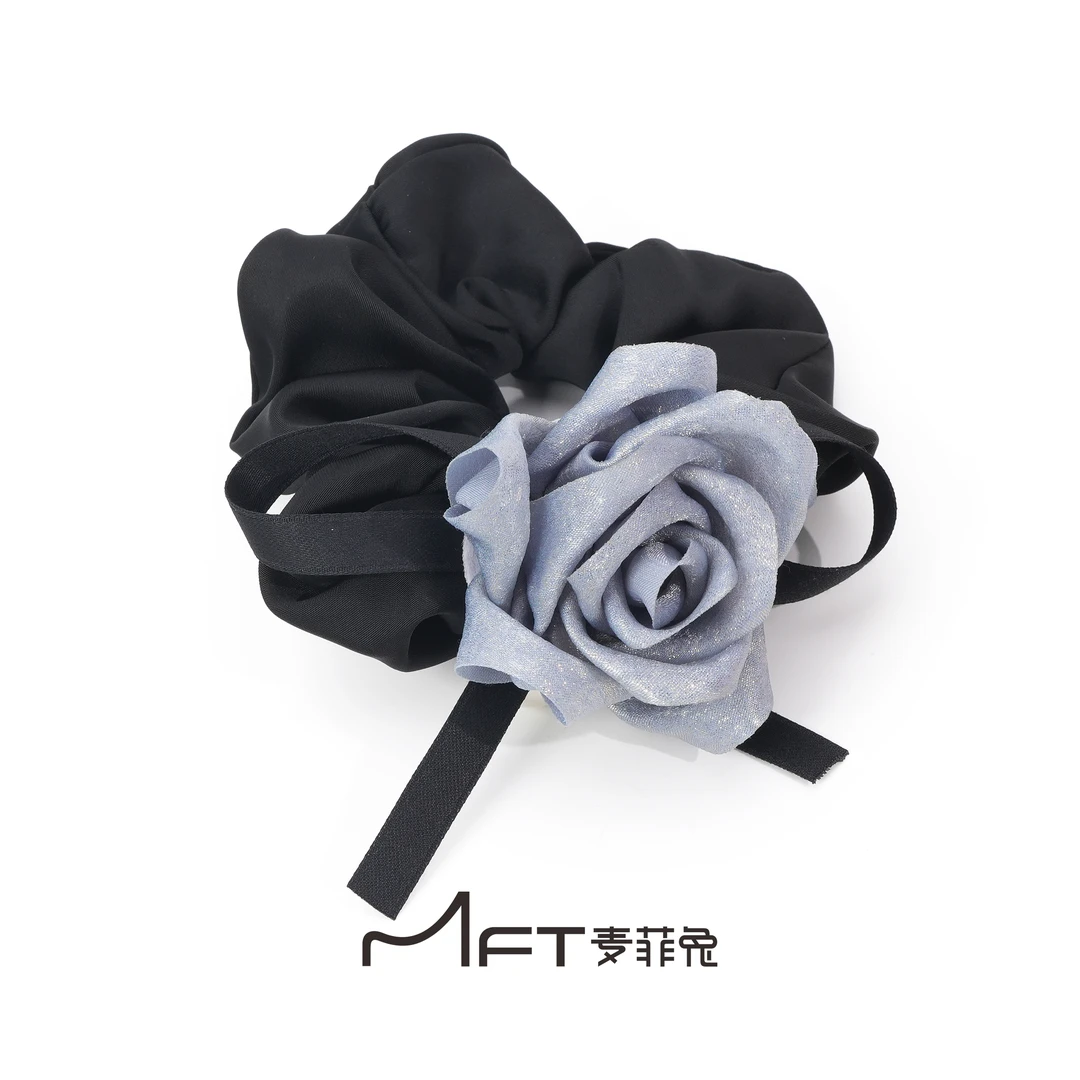 夏日玫瑰立体花朵黑色缎面大肠发圈韩版ins简约丸子头马尾花头饰