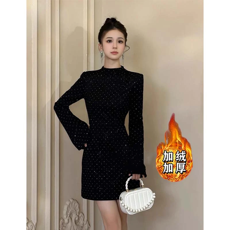 【加绒加厚】女秋冬季气场强大收腰显瘦短款生日礼服连衣裙QY0134