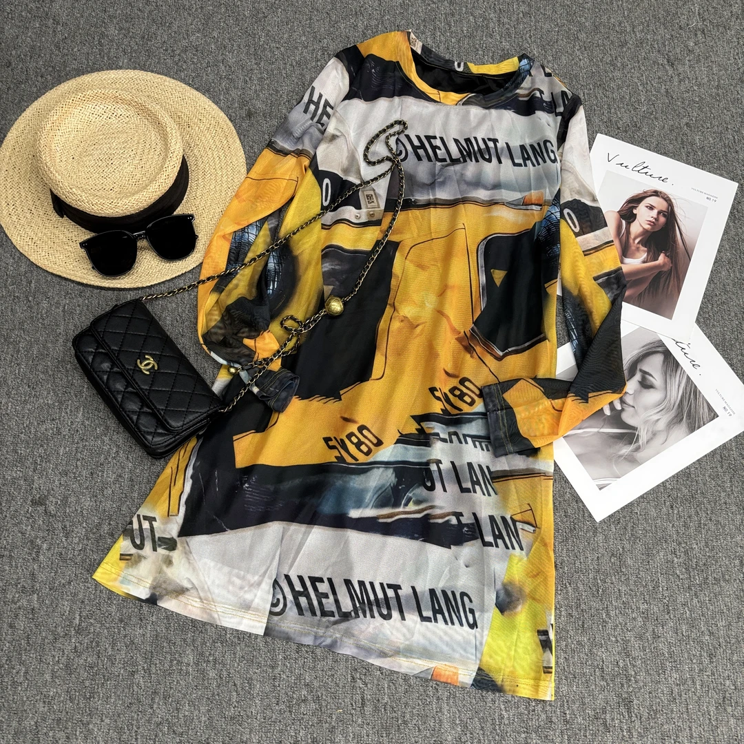 W1018定制款双层弹力网纱有兜有里衬涂鸦印花裙