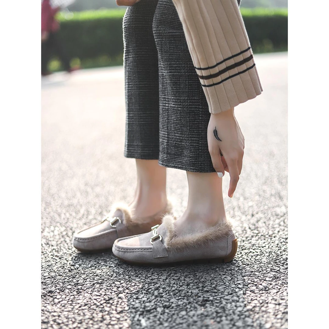 【香港轻奢Sakurano&樱央】2025新款真皮豆帽鞋棉质女式丝绒乐福