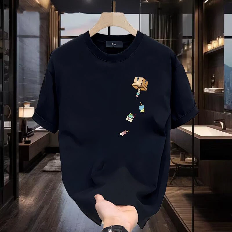 2025新款日系简约纯棉短袖T恤男圆领黑色上衣半袖宽松青少年体恤