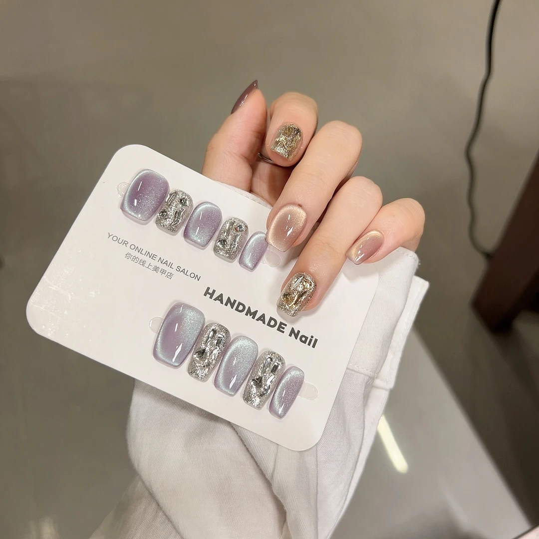 （迷雾）气质猫眼纯手工爆闪钻轻奢穿戴美甲显白夏日穿戴甲可拆卸