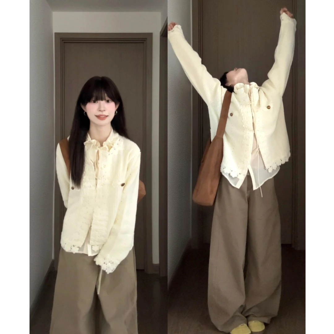 MARIE.COCO蕾丝花边白色小香风毛衣外套女早秋穿搭休闲裤阔腿裤子