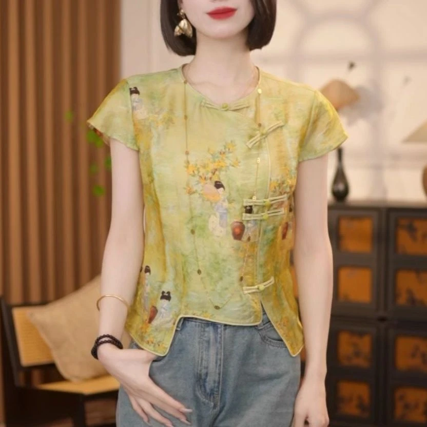 2025新中式短袖衬衫复古风立领盘扣衬衫时尚夏季新款T恤国风上衣