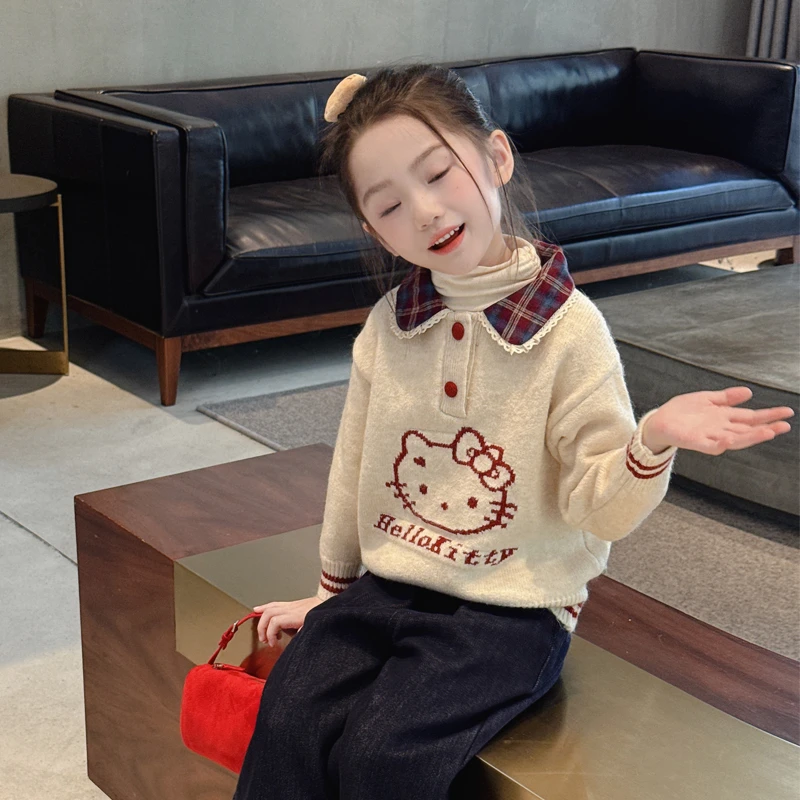 【格子翻领毛衣】WWLL定制童装女宝宝学院风毛衣洋气女童套头上衣
