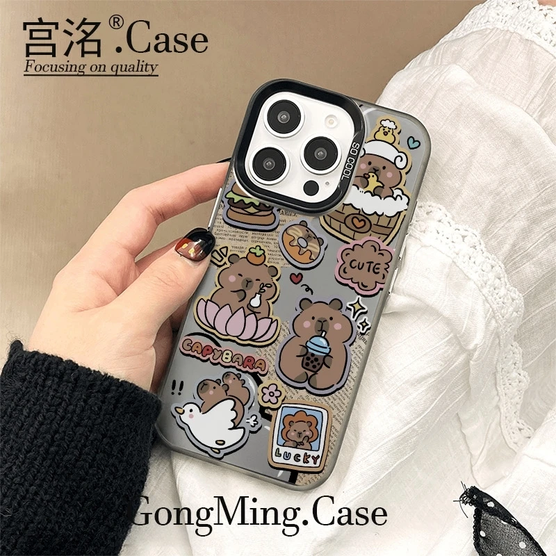 报纸汉堡卡皮巴拉彩银壳适用于iPhoneiPhone苹果16手机壳华为oppo