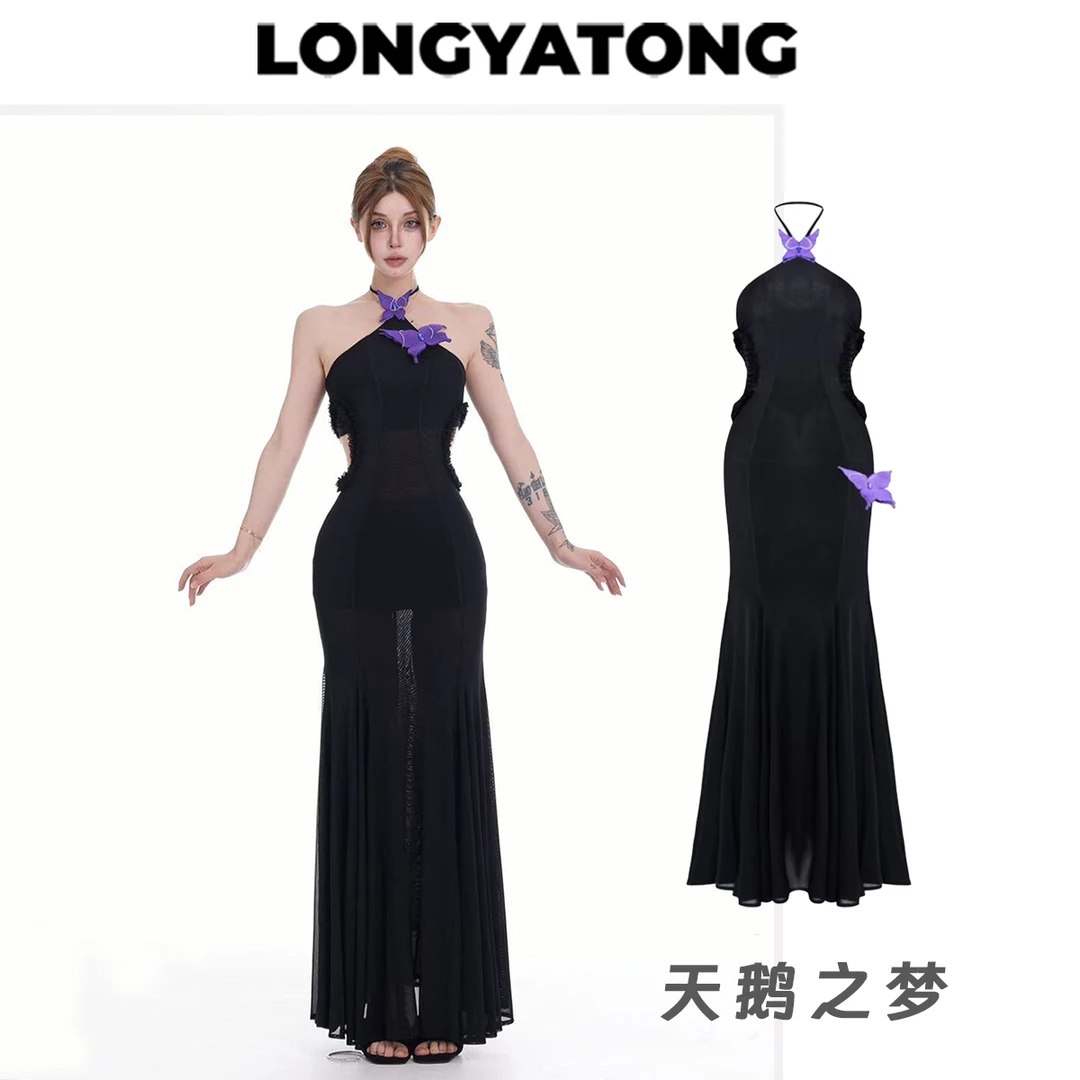 龙怼怼推荐【天鹅之梦】法式镂空长款性感无袖包臀连衣裙黑色优雅