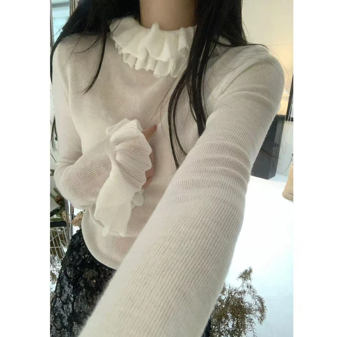 韩系精致木耳边打底针织衫9012