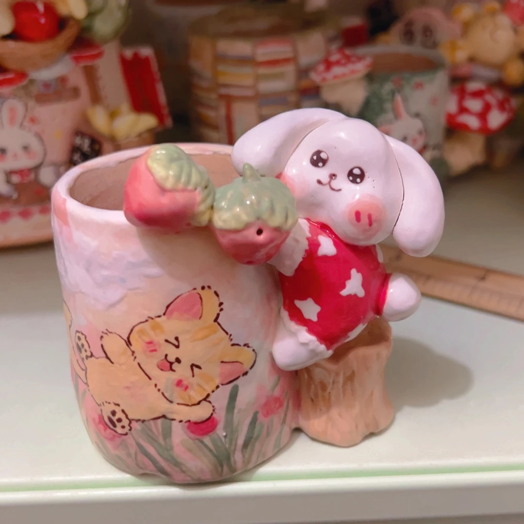 草莓兔福福微瑕纯手工多肉花盆