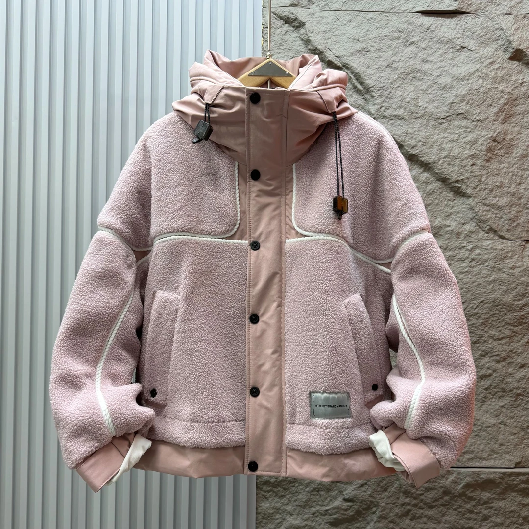 冬季情侣羊羔毛加厚羽绒服男潮牌宽松设计感颗粒绒保暖白鸭绒外套