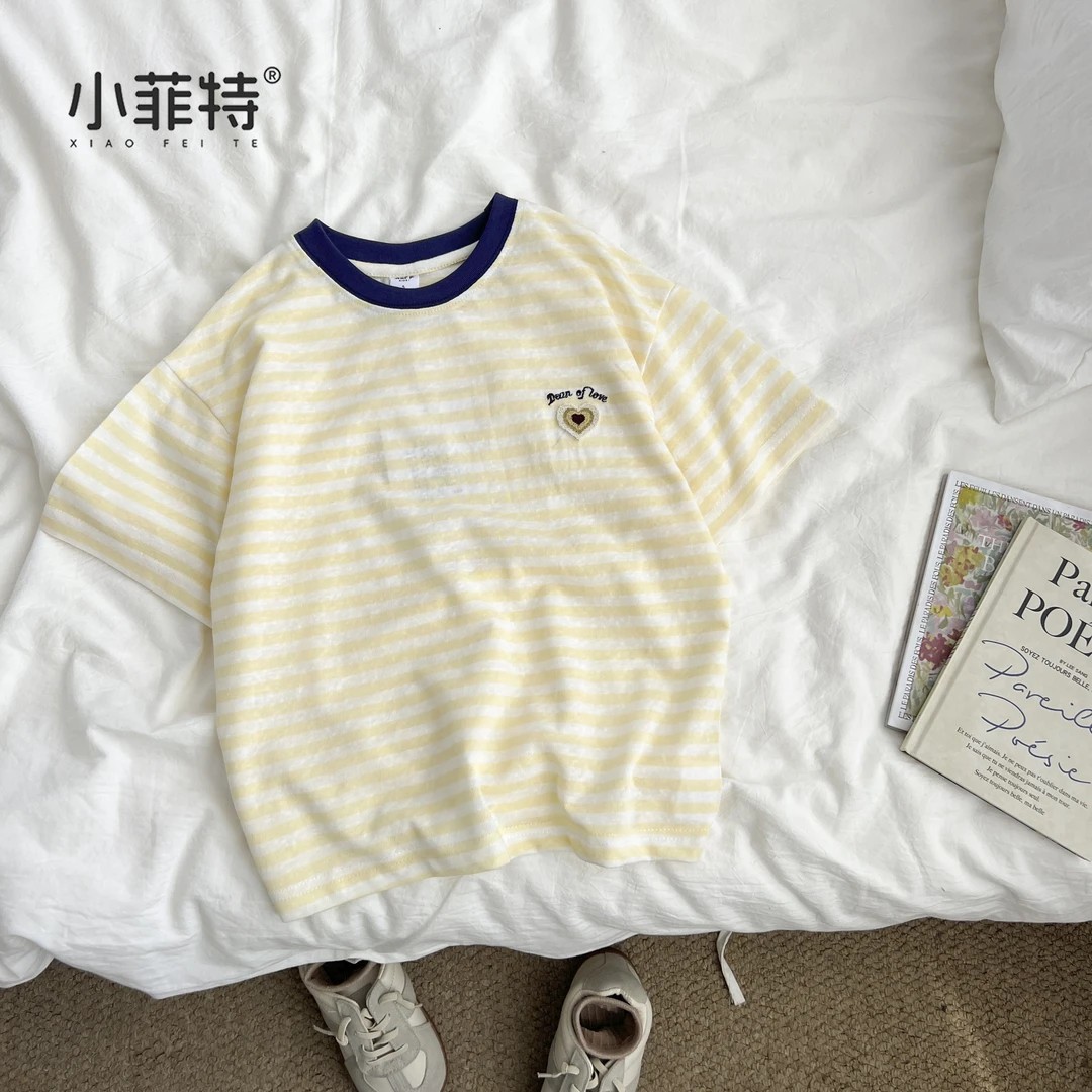 (现货)女童夏季休闲条纹短袖t恤薄款洋气中童半袖圆领XZYXW56127